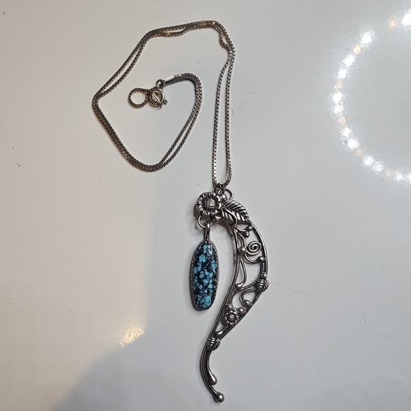 AMAZING Sterling Turquoise Dangle Floral Botanical Pendent .925 Silver Chain - Picture 3 of 10
